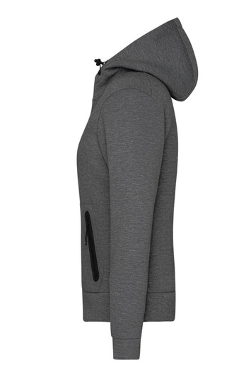 A ladies hooded jacket in grey, featuring a zip pocket and a standard hoodie design. Includes a logo on the front.