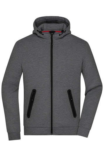 A grey men's hooded jacket with a zip front and black zippered pockets, featuring a red lining inside the hood.