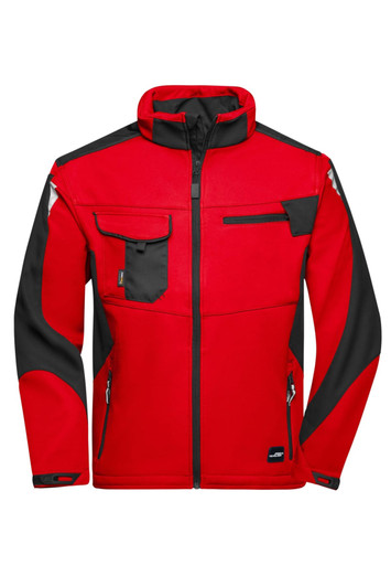A vibrant red and black softshell jacket featuring multiple pockets and a zip closure, with a logo on it.