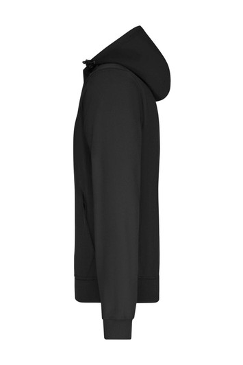 A men's softshell jacket in black, featuring a hood and side pockets, shown from a side angle.