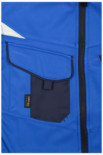 A blue workwear softshell vest featuring a navy pocket and a logo, highlighting its durable design.