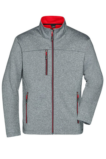 A men's softshell jacket in grey with red accents, featuring zippered pockets and a stand-up collar.