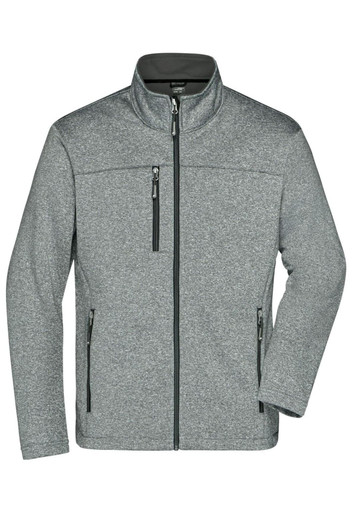 A grey softshell jacket with a stand collar, zippered front and side pockets, featuring a logo.