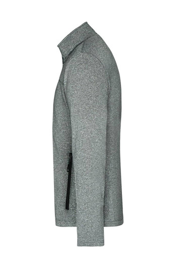 A grey men's softshell jacket with a zippered side pocket and a modern fit. It has a high collar for added warmth.