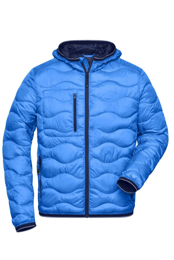A padded puffer jacket in bright blue with a hood and zippered pockets, featuring a logo.