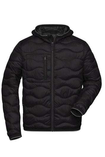 A black padded jacket with a hood, featuring a zip front and a chest pocket. Includes a logo on the fabric.