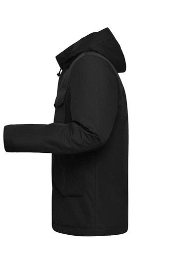 A black men's business jacket featuring a hood and side pockets, displayed in a side profile view.