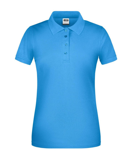 A light blue ladies polo shirt with a collar and three buttons, featuring a logo on the chest.