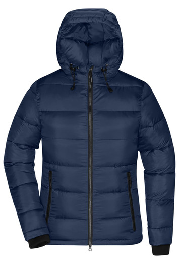A padded puffer jacket in dark navy with a hood and zip, featuring black zippered pockets and a logo.