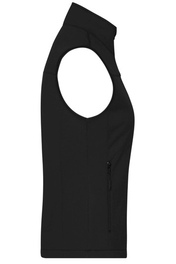A black ladies' softshell vest with a high collar and a side zip pocket. It features a fitted design and no sleeves.