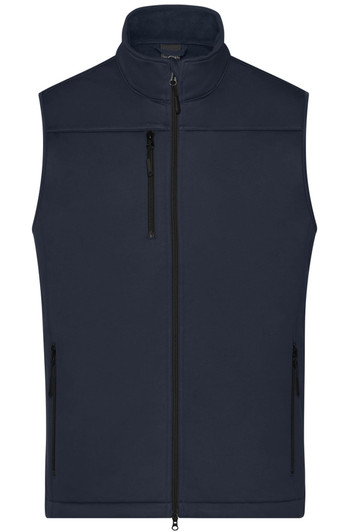 A navy men's softshell vest featuring a high collar and zippered pockets, with a subtle logo displayed.
