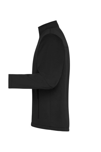 A black men's softshell jacket with a high collar and a side zip pocket, featuring a smooth outer texture.