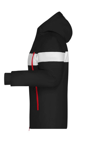 A black soft shell jacket with white and red stripes, featuring a hood and zippered pockets.