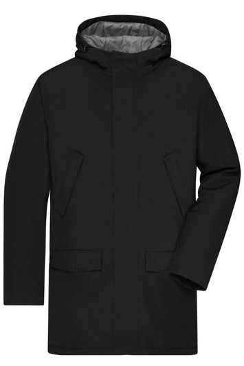 A black men's business parka featuring a hood and two front pockets, with a grey lining.