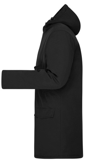 A black men's business parka with a hood and side pocket, featuring a sleek design. It has a logo on the sleeve.