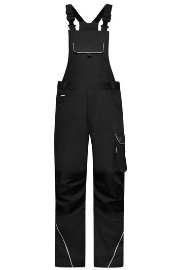 Black workwear pants with bib, featuring adjustable straps and multiple pockets. Includes branding on the garment.