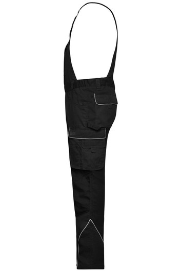Black workwear pants with bib and pockets, featuring reflective trim and a branded logo.