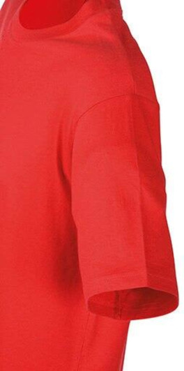 A red T-shirt with a classic crew neckline and short sleeves, featuring a logo on the side.