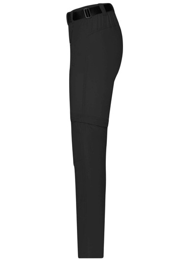 Ladies zip-off trekking pants in black, featuring a cargo style with a waistband and pockets. Includes a branding logo.