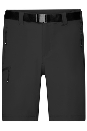 Black trekking shorts featuring a belt and multiple zippered pockets. The shorts have a sleek, functional design.