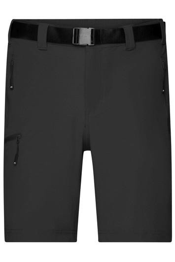 Men's trekking shorts in black, featuring a waistband belt and zippered pockets on the sides.