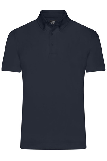 A plain navy men's polo shirt featuring a classic collar and short sleeves. Includes a logo.