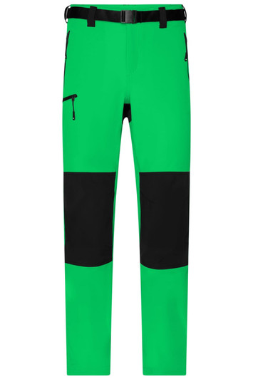 Bright green trekking pants with black accents and a belt. Features zippered pockets and a logo patch.