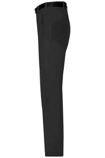 A pair of black men's trekking cargo pants with pockets, featuring a sleek side profile.
