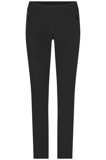 A pair of black ladies' slacks with a slim fit and two front pockets, featuring a button closure.