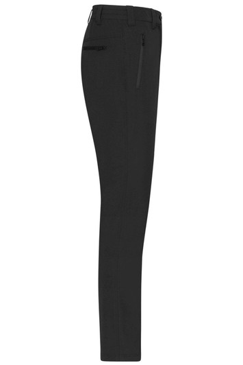 A pair of black cargo pants with a side pocket and a sleek, straight-leg design.