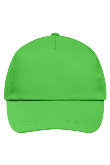 A bright green 5 Panel Promo Cap with a structured front and a logo on the side.