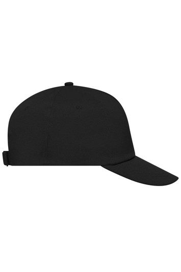 A black 5 Panel Promo Cap featuring a rear adjustment strap and a logo on the front.