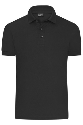 A black men's mercerised polo shirt with a three-button placket and short sleeves, featuring a logo.