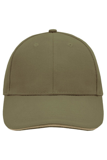A khaki 6 panel sandwich cap with a curved brim and a plain design, featuring a logo on the front.