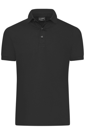 A black men's mercerised polo shirt with a classic collar and a button-up front, featuring a logo.