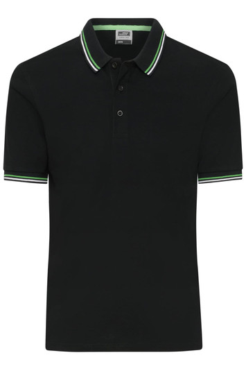 A black polo shirt with short sleeves and green and white striped detailing on the collar and sleeves. It features a logo.