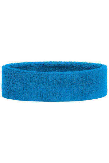 A blue Terry Headband made from soft, absorbent material, featuring a logo or branding.