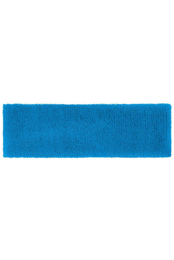 A bright blue Terry Headband, featuring a soft, textured surface and rectangular shape. It has a logo on one side.