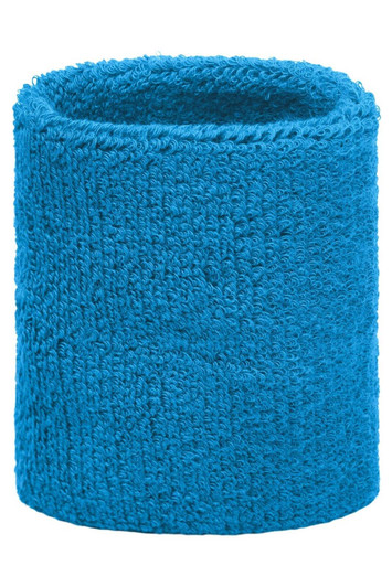 A blue Terry Wristband, made from soft terry cloth material, featuring a simple design and a logo on it.