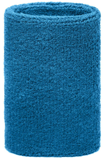 A blue wristband made of soft, textured fabric, featuring a logo at the top.