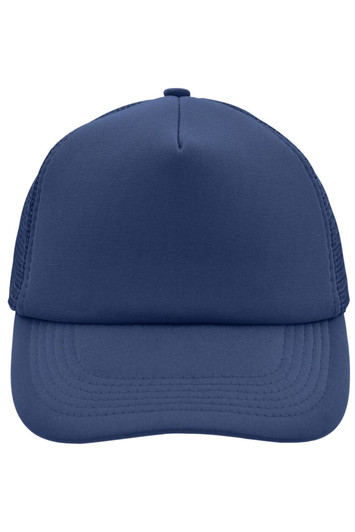 A navy blue 5-panel polyester mesh trucker cap with a solid front and mesh sides. It features a logo on the front.