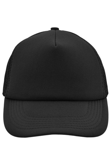 A black 5-panel polyester mesh trucker cap with a structured front and mesh sides. It features a branding logo.