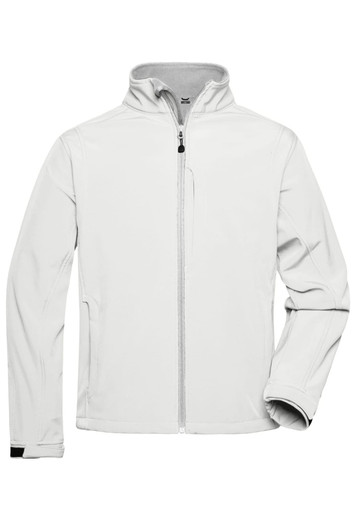 A white softshell jacket with a zip front and a high collar. It features pockets and has a logo on it.