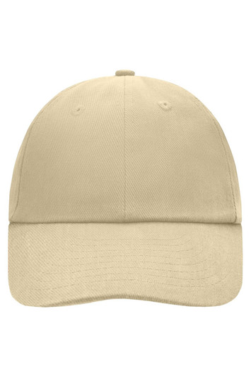 A beige 6 Panel Raver Cap featuring a curved brim and a logo on the front.