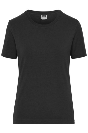 A black ladies' t-shirt with short sleeves, featuring a fitted design and a label inside.