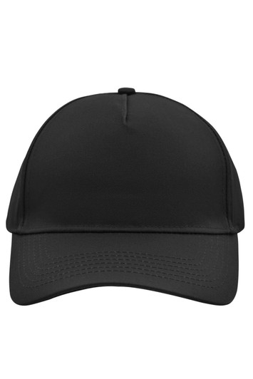 A black 5 panel cap featuring a structured design and a curved brim, with a logo on the front.