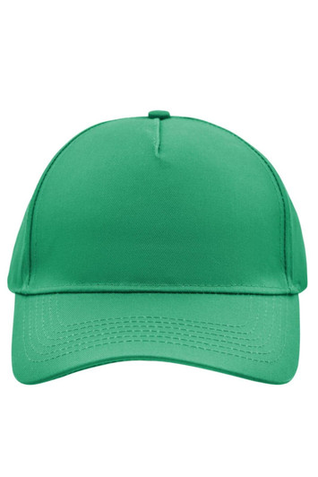 A green 5-panel cap featuring a curved brim and an option for a logo or branding.