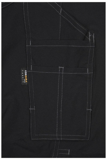 Black workwear pants featuring multiple pockets and contrasting stitching, with a brand logo present.