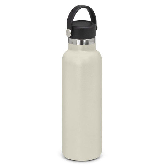 A drink bottle in a cream colour with a stainless steel base and a black carry lid. Features a logo.