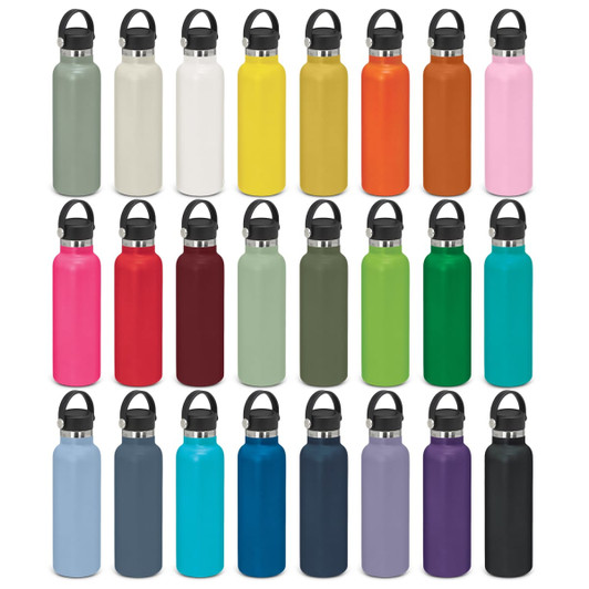 A drink bottle collection featuring various colours, each with a black carry lid and a logo.
